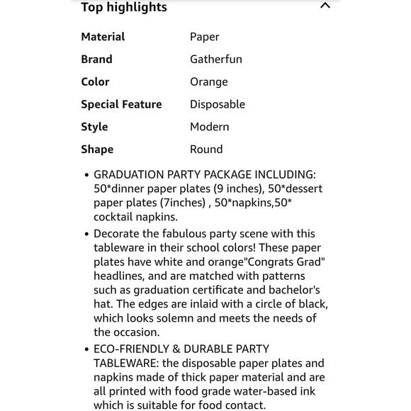 Gatherfun Graduation Party Supplies Dinnerware Set Orange Disposable Plate s29 - Picture 5 of 6
